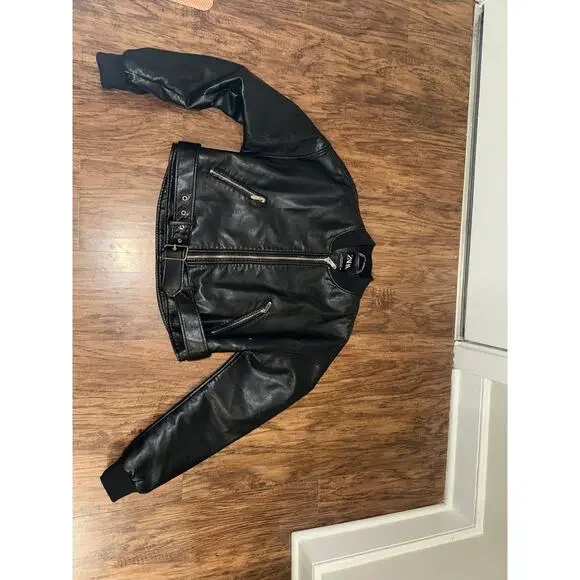 Zara Faux Leather Cropped Bomber Jacket Women Black Belted Moto Style - Picture 9 of 17
